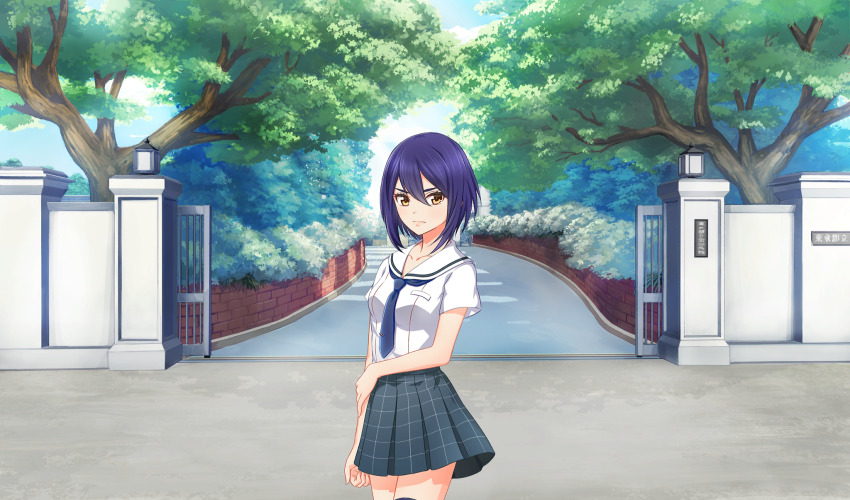 1girl arm_at_side blue_hair blue_necktie cinderella_series closed_mouth dark_blue_hair game_cg grey_skirt hachigatsu_no_cinderella_nine hair_between_eyes highres looking_at_viewer necktie non-web_source official_art outdoors plaid_clothes plaid_skirt pleated_skirt sailor_collar sakagami_mei satogahama_school_uniform school_gateway school_uniform serafuku shirt short_hair short_sleeves skirt solo standing summer_uniform tree white_sailor_collar white_shirt yellow_eyes