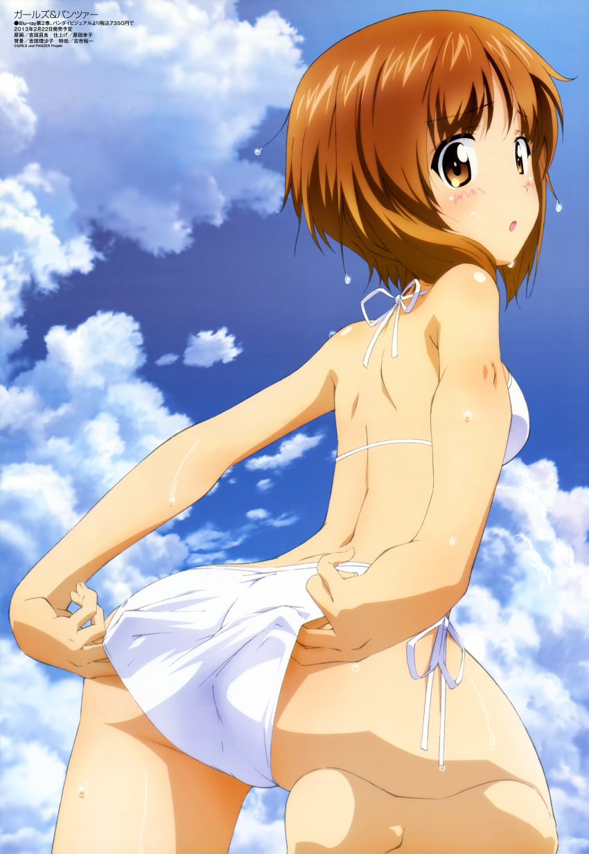 10s 1girl :o absurdres adjusting_clothes adjusting_swimsuit ass barefoot bikini brown_eyes brown_hair cloud cowboy_shot day feet female_focus from_behind girls_und_panzer highres legs looking_at_viewer looking_back matching_hair/eyes megami_magazine nishizumi_miho non-web_source official_art orange_eyes orange_hair scan short_hair side-tie_bikini_bottom sky solo standing swimsuit trefoil wet white_bikini yoshida_nobuyoshi