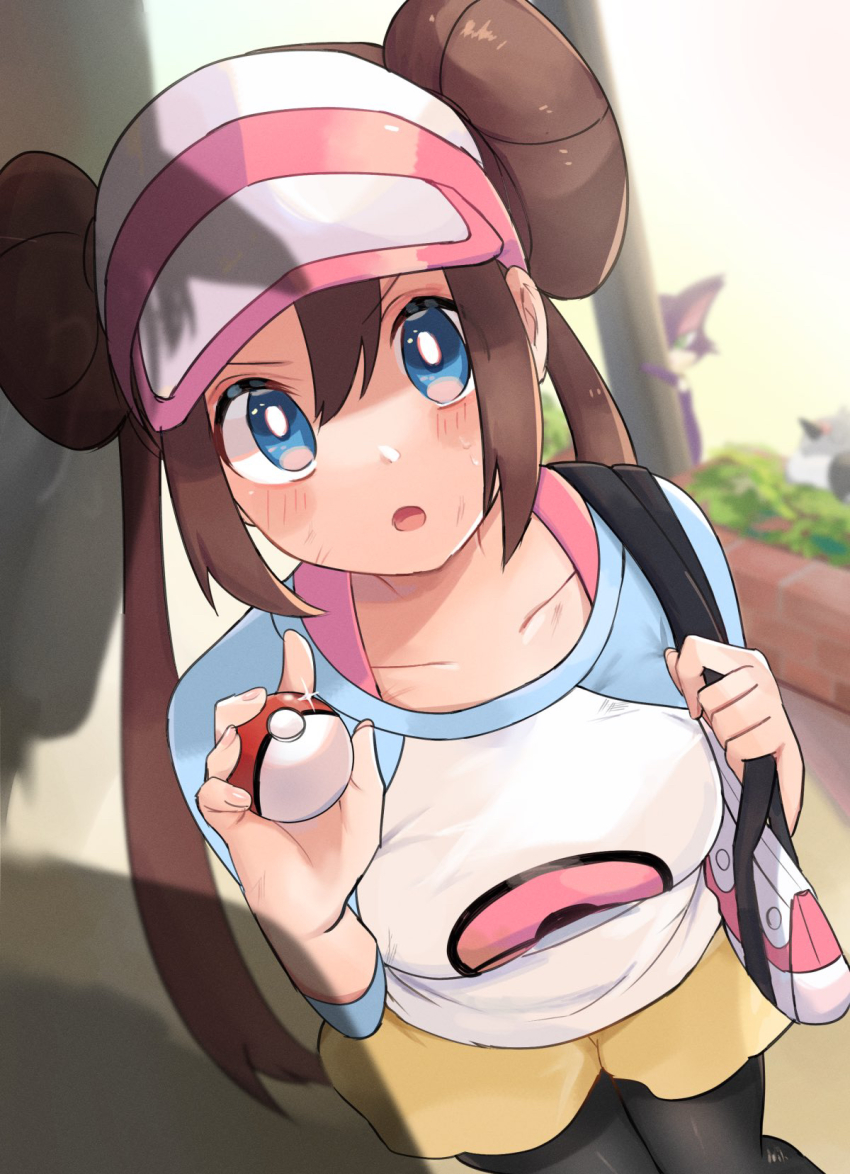 1girl :o bag black_pantyhose blue_eyes blush breasts brown_hair creatures_(company) double_bun doughnut_hair_bun game_freak gen_5_pokemon hair_bun hand_up handbag highres holding holding_bag holding_poke_ball long_sleeves looking_at_viewer nintendo open_mouth pantyhose pantyhose_under_shorts pidove poke_ball poke_ball_(basic) poke_ball_print pokemon pokemon_(creature) pokemon_bw2 print_shirt purrloin raglan_sleeves ririmon rosa_(pokemon) shirt shorts solo twintails v-shaped_eyebrows visor_cap yellow_shorts