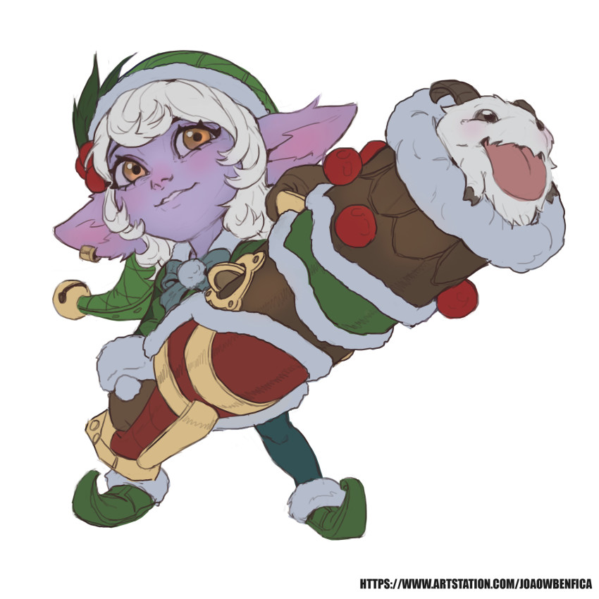 1girl absurdres bow bowtie brown_eyes cannon colored_skin earnest_elf_tristana full_body fur-trimmed_headwear fur_trim green_bow green_bowtie green_footwear green_headwear green_legwear highres holding holding_weapon horns joaowbenfica league_of_legends looking_at_viewer pointy_ears poro_(league_of_legends) purple_skin simple_background smile solo tongue tongue_out tristana tristana_(league_of_legends) watermark weapon web_address white_background yordle