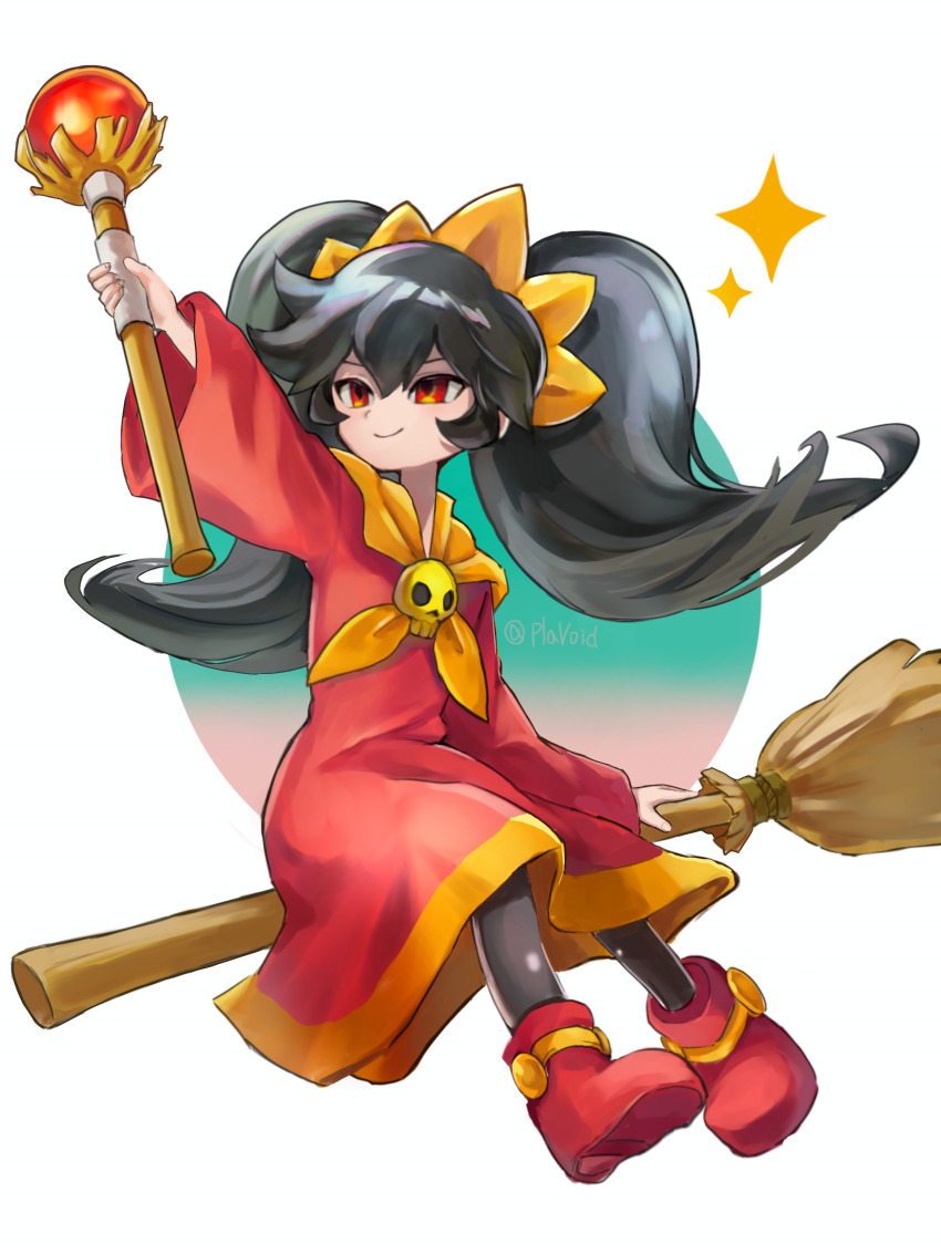 1girl absurdres arm_up ashley_(warioware) black_hair boots broom broom_riding dress full_body heterochromatic_eyewear highres holding holding_staff long_hair long_sleeves mage_staff neckerchief nintendo orange_neckerchief pantyhose plavoid red_dress red_eyes red_footwear simple_background sitting skull_brooch smile solo staff tiara tinted_eyewear twintails warioware white_background wide_sleeves