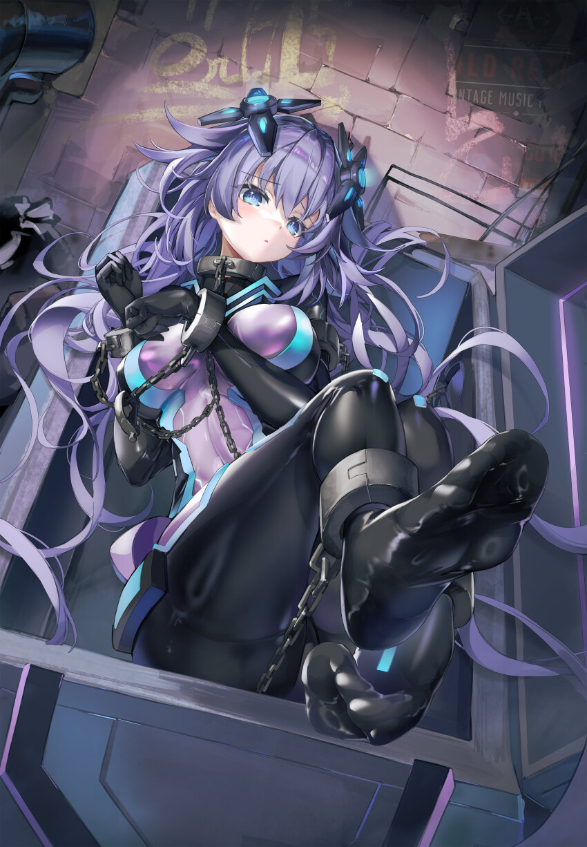 1girl absurdres black_blindfold blindfold blue_eyes blush bodysuit bound bound_wrists breasts chain covered_navel cuffs feet foot_focus foreshortening headgear highres impossible_bodysuit impossible_clothes in_container latex latex_bodysuit long_hair lying medium_breasts neon_trim neptune_(neptunia) neptune_(series) next_purple power_symbol-shaped_pupils purple_bodysuit purple_hair purple_heart_(neptunia) second-party_source shackles skin_tight soles solo symbol-shaped_pupils toes xun_li_eins