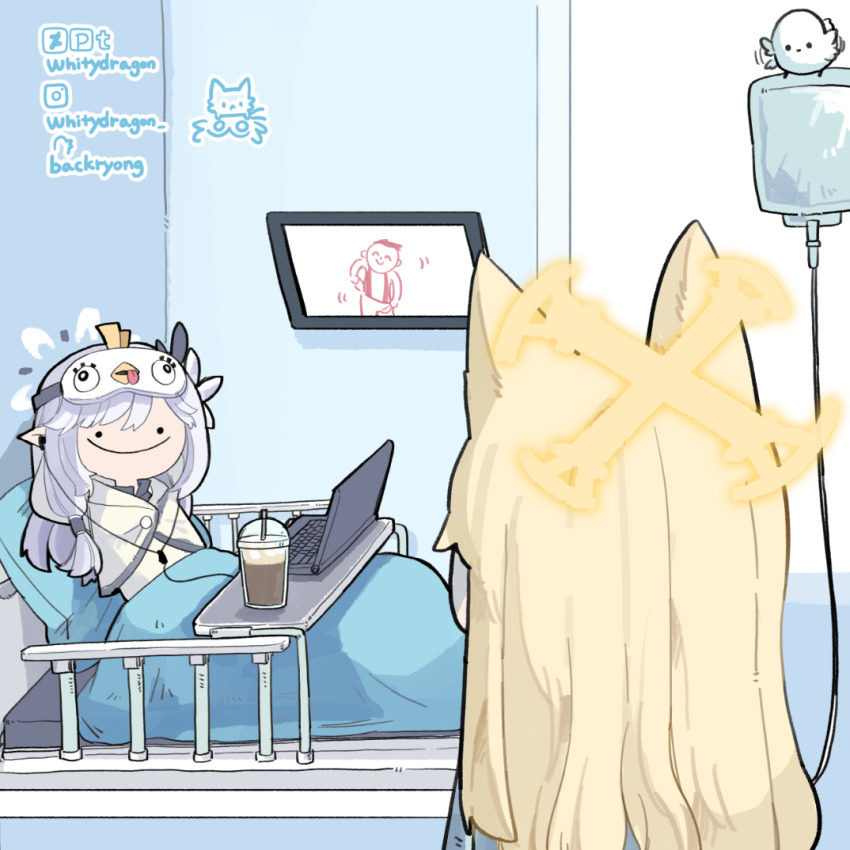 2girls animal_ears doodle_sensei_(blue_archive) bed bird blonde_hair blue_archive commentary computer cup deviantart_logo deviantart_username english_commentary flying fox_ears from_behind grey_hair hair_tubes halo headphones himari_(blue_archive) holding hospital_bed indoors instagram_logo instagram_username intravenous_drip laptop looking_at_another looking_at_viewer motion_lines multiple_girls peroro_(blue_archive) pixiv_logo pixiv_username pointy_ears seia_(blue_archive) sensei_(blue_archive) sleep_mask smile television tumblr_logo tumblr_username twitter_logo twitter_username under_covers upper_body white_bird whitydragon yellow_halo