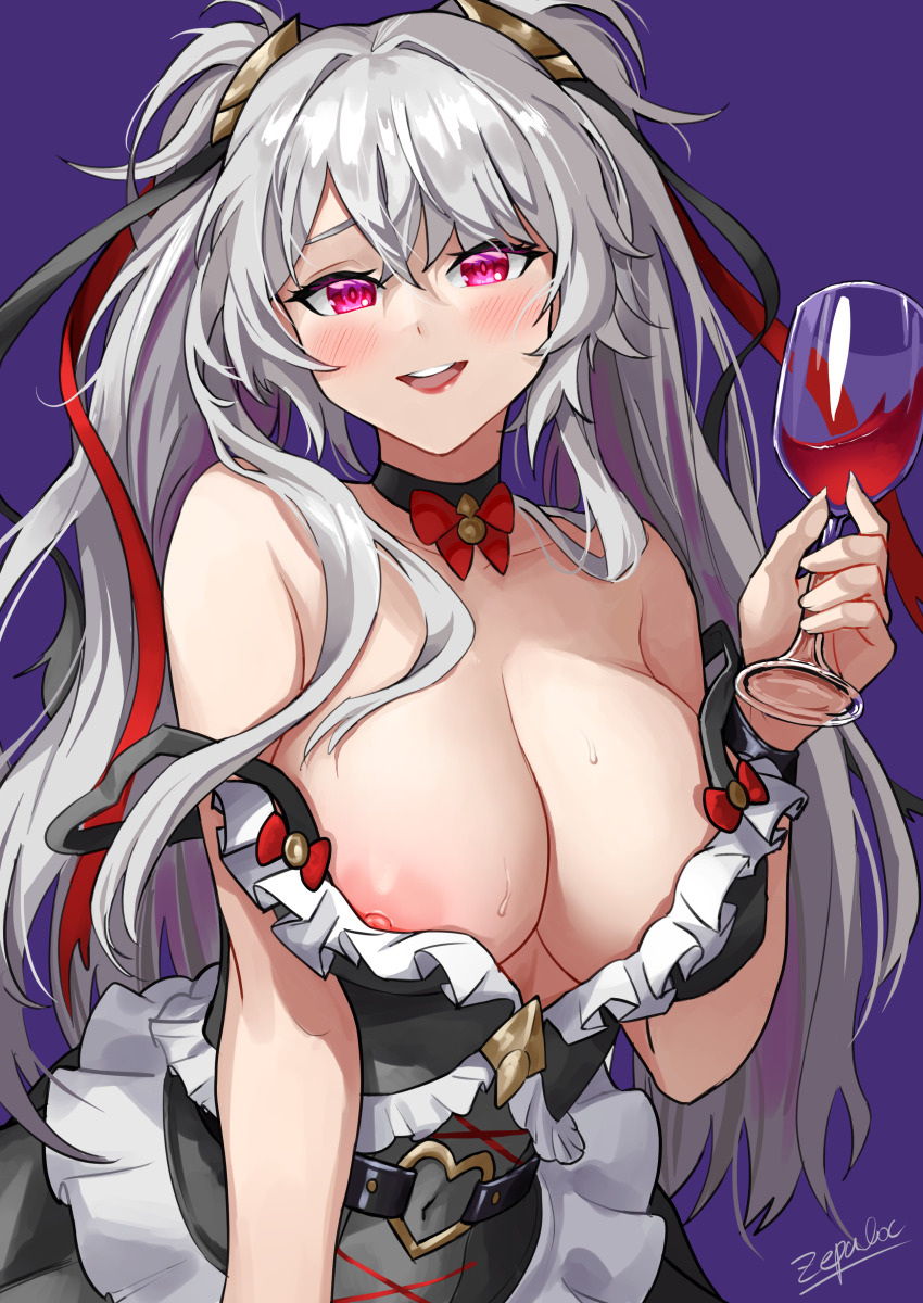 1girl absurdres alcohol bare_shoulders black_choker black_dress blush bow bowtie breasts choker cup dress drinking_glass frilled_dress frills hair_ornament heart_belt highres holding holding_cup kuluya large_breasts long_hair looking_at_viewer nipple_slip nipples open_mouth original pink_eyes purple_background red_bow red_bowtie signature simple_background smile solo strap_slip sweat teeth twintails upper_body upper_teeth_only white_hair wine wine_glass