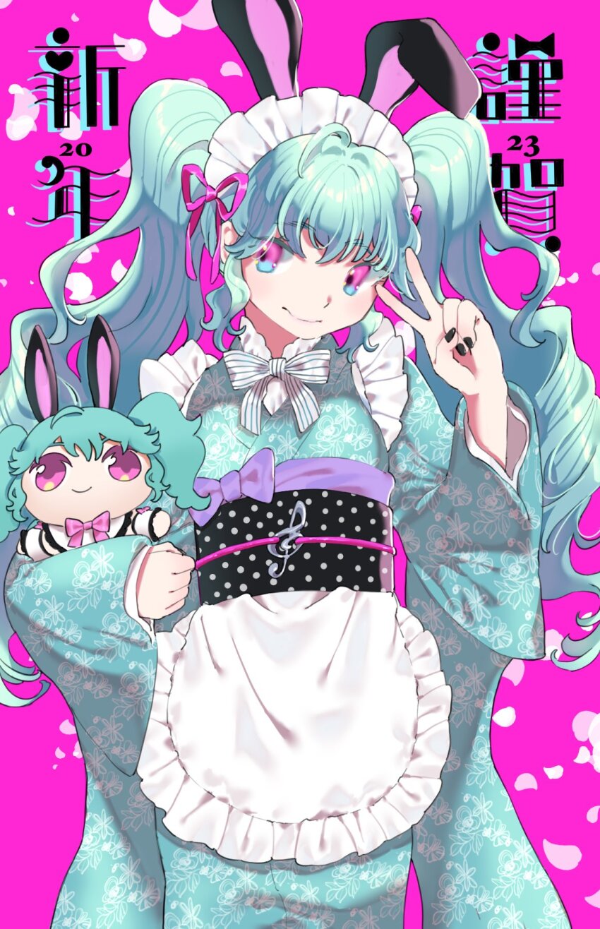 1girl 2023 animal_ears apron black_nails blue_hair blue_kimono character_doll commentary_request drill_hair frilled_apron frills hand_up highres holding holding_stuffed_toy idol_land_pripara japanese_clothes katasumi_amari kimono long_hair long_sleeves looking_at_viewer maid_headdress nail_polish obi obligation_gimu pink_background pink_eyes pink_ribbon pretty_series pripara rabbit_ears ribbon sash standing stuffed_toy translation_request treble_clef twin_drills twintails v waist_apron white_apron