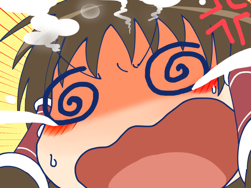 1girl @_@ anger_vein bad_id bad_pixiv_id blush brown_hair commentary_request crying emphasis_lines face female_focus full-face_blush hair_tubes hakurei_reimu highres okahi open_mouth simple_background solo steam sweatdrop tears touhou wavy_mouth yellow_background