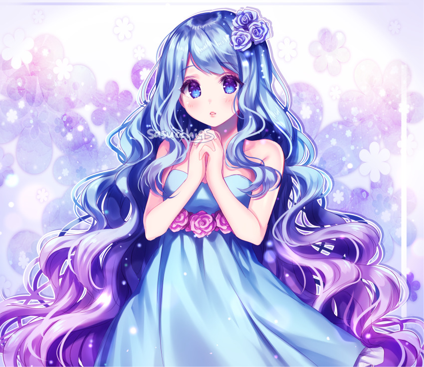 1girl artist_name bare_arms bare_shoulders blue_background blue_dress blue_eyes blue_flower blue_rose blush commentary commission dress english_commentary floral_background flower frilled_dress frills gradient_hair hair_flower hair_ornament highres interlocked_fingers light_particles long_hair multicolored_hair original own_hands_clasped own_hands_together parted_lips pink_flower pink_rose purple_hair rose sasucchi95 sidelocks simple_background solo strapless strapless_dress upper_body very_long_hair wavy_hair white_background