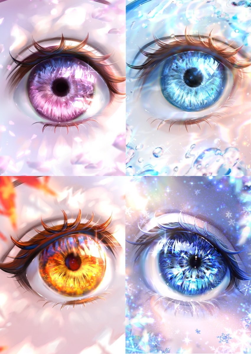 4girls bad_id bad_twitter_id blue_eyes blurry blurry_foreground close-up dappled_sunlight depth_of_field eye_focus eyelashes glint highres light looking_at_viewer multiple_girls onene original petals purple_eyes reflection snowflakes sunlight water yellow_eyes