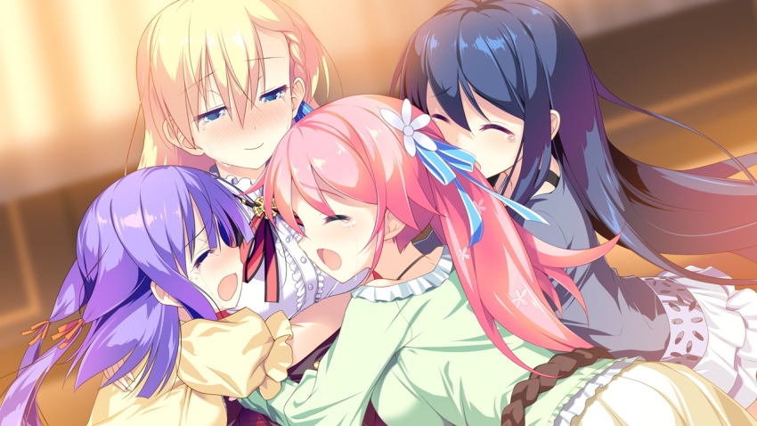 4girls azumaya_ruruka black_hair blonde_hair blue_eyes blush game_cg houjou_touri hug kimi_to_boku_to_no_kishi_no_hibi:_rakuen_no_chevalier minamihori_asuna multiple_girls open_mouth ozawa_akifumi pink_hair purple_hair saionji_kei smile tears