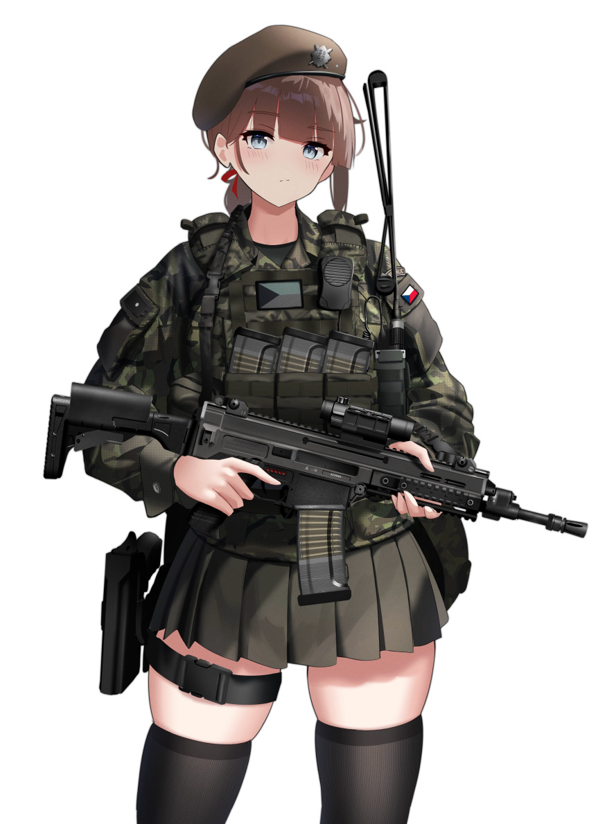 1girl absurdres assault_rifle beret black_thighhighs blue_eyes brown_hair brown_hat camouflage camouflage_jacket cz_805_bren czech_army czech_flag expressionless grey_skirt gun hat highres jacket looking_at_viewer magazine_(weapon) military_uniform original rifle rynn_(rynn_cube) skirt solo thighhighs weapon white_background woodland_camouflage zettai_ryouiki