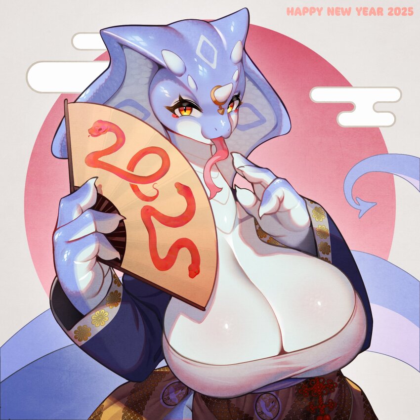 1girl 2025 blue_kimono breasts chinese_zodiac cleavage commentary english_commentary forked_tongue furry furry_female grey_background hand_fan happy_new_year highres holding holding_fan huge_breasts japanese_clothes kimono long_tongue looking_at_viewer new_year orange_eyes original snake_girl solo tongue tongue_out very_long_tongue whooo-ya year_of_the_snake