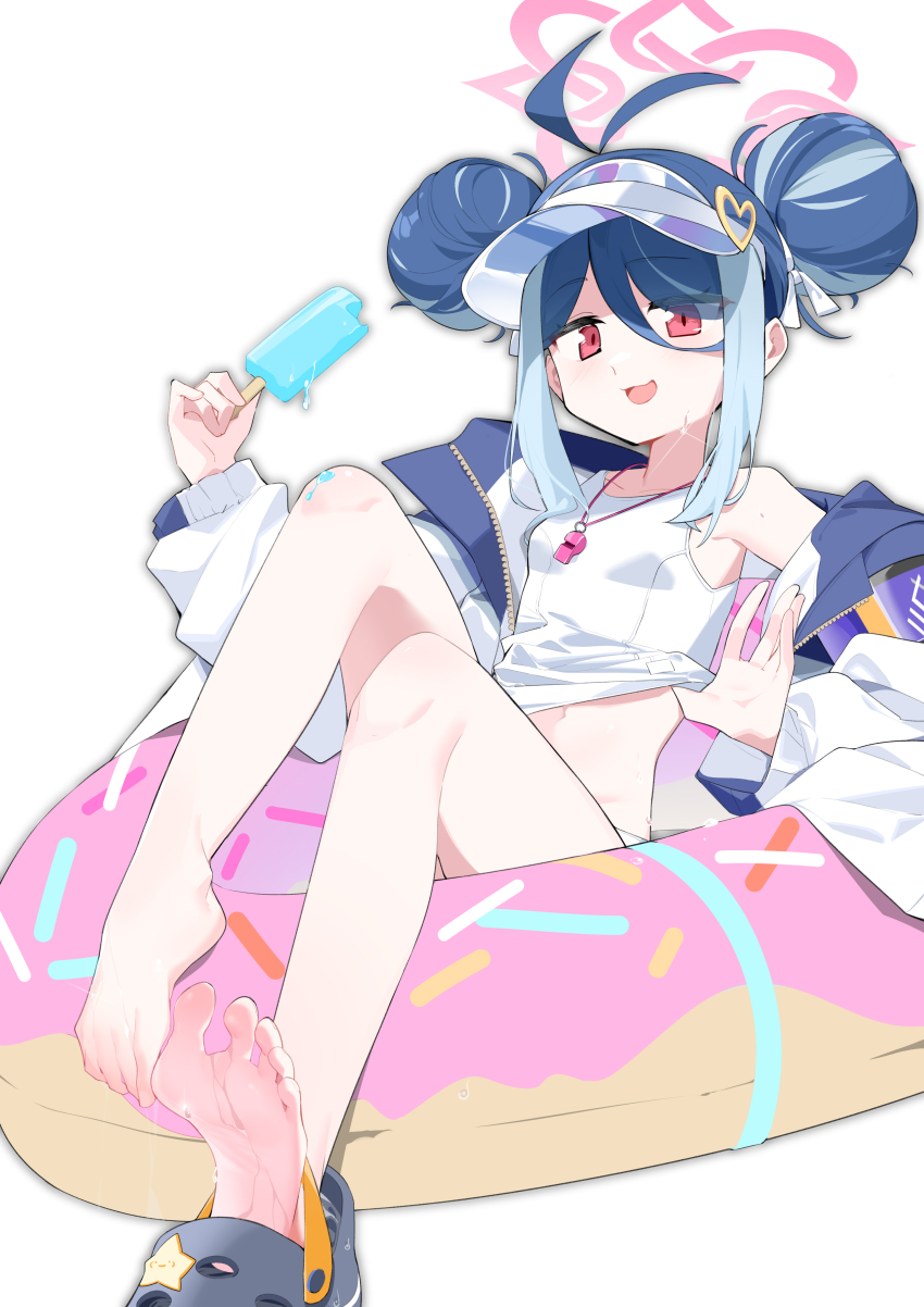 1girl absurdres antenna_hair barefoot black_footwear blue_archive blue_hair covered_navel crocs double_bun feet food fubuki_(blue_archive) fubuki_(swimsuit)_(blue_archive) grey_hair hair_bun halo highres holding holding_food innertube jacket long_sleeves multicolored_hair navel official_alternate_costume one-piece_swimsuit open_clothes open_jacket pink_halo popsicle red_eyes school_swimsuit short_hair soles solo swim_ring swimsuit toes wako_(1194433260) white_jacket white_one-piece_swimsuit