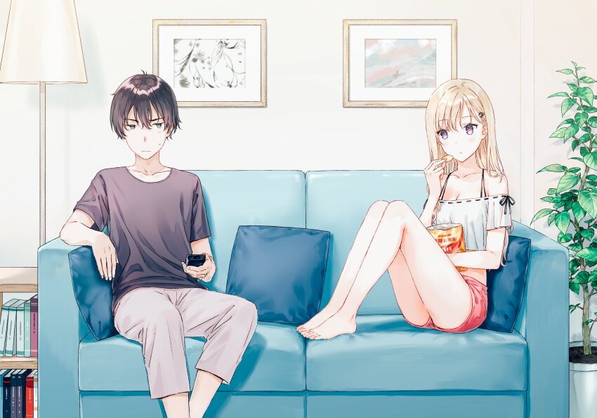 1boy 1girl absurdres aqua_eyes arm_rest asamura_yuuta ayase_saki bag_of_chips barefoot black_hair black_shirt blonde_hair book bookshelf breasts cleavage closed_mouth collarbone commentary_request controller couch eating gimai_seikatsu grey_pants hair_between_eyes hair_ornament hairclip highres hiten_(hitenkei) holding holding_remote_control indoors lamp light_blush living_room long_hair midriff off-shoulder_shirt off_shoulder official_art on_couch pants picture_frame pillow plant purple_eyes red_shorts remote_control second-party_source shirt short_hair short_shorts short_sleeves shorts small_breasts step-brother_and_step-sister sweatdrop white_shirt