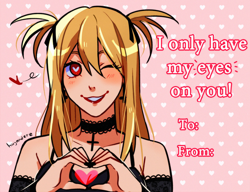 1girl amane_misa blonde_hair blush choker death_note goth_fashion heart heart-shaped_pupils heart_hands highres huyandere pun short_twintails smile solo symbol-shaped_pupils twintails valentine_card