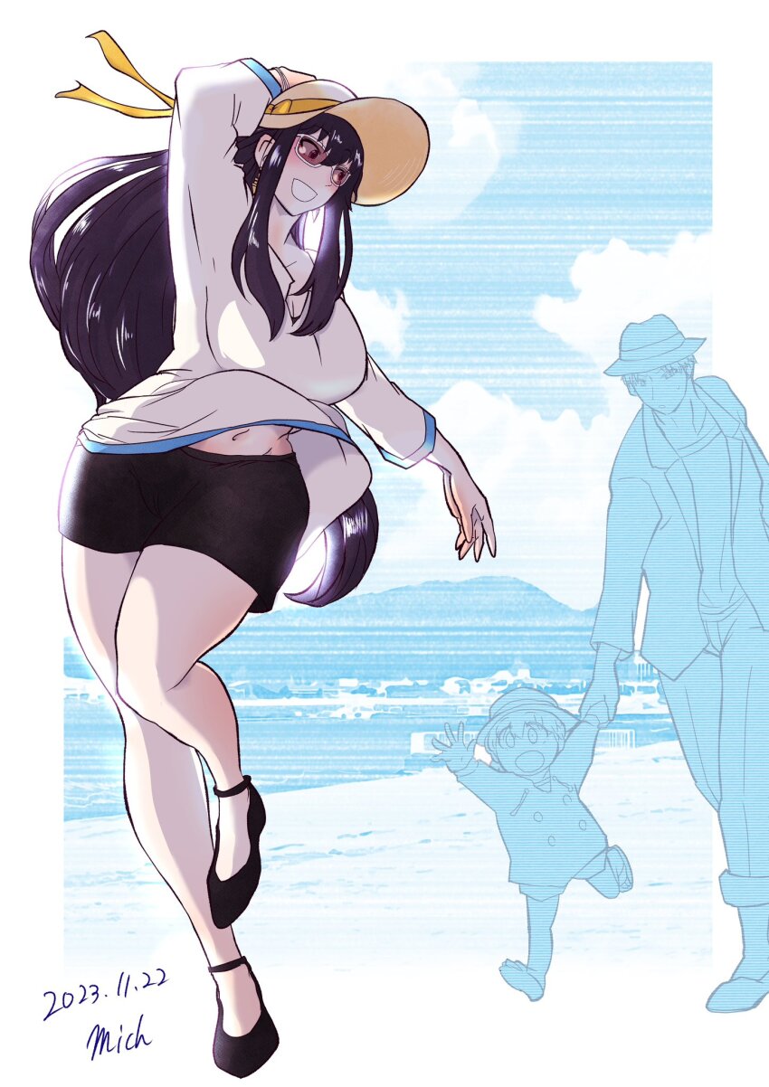 1boy 1girl anya_(spy_x_family) beach black_hair blue_sky blush breasts cloud day hand_on_headwear hat hat_ribbon highres husband_and_wife large_breasts long_hair marine_day mich_kj multiple_girls ocean open_mouth outdoors ribbon sidelocks sky smile spy_x_family sun_hat twilight_(spy_x_family) yor_briar