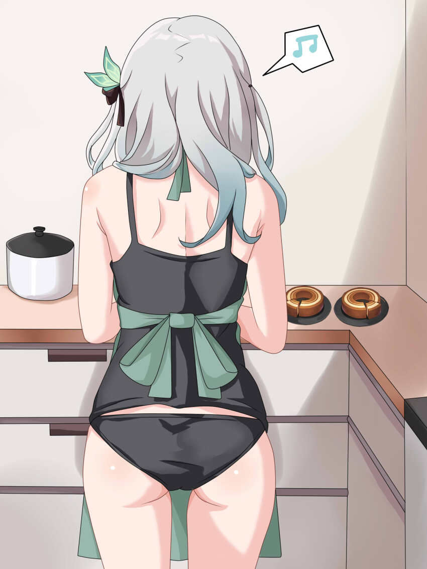 1girl apron bare_shoulders black_camisole black_panties camisole commentary cowboy_shot english_commentary firefly_(honkai:_star_rail) from_behind gradient_hair green_apron green_hair grey_hair hair_ornament highres honkai:_star_rail honkai_(series) indoors kitchen long_hair maxwelzy multicolored_hair musical_note oak_cake_roll_(honkai:_star_rail) panties rice_cooker solo speech_bubble spoken_musical_note underwear