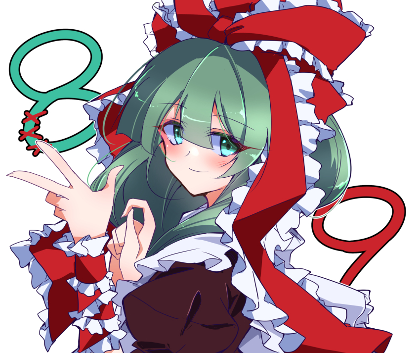 1girl arm_ribbon bow front_ponytail green_eyes green_hair hair_bow hair_ribbon highres ichimura_kanata kagiyama_hina looking_at_viewer red_bow red_ribbon ribbon simple_background solo touhou white_background