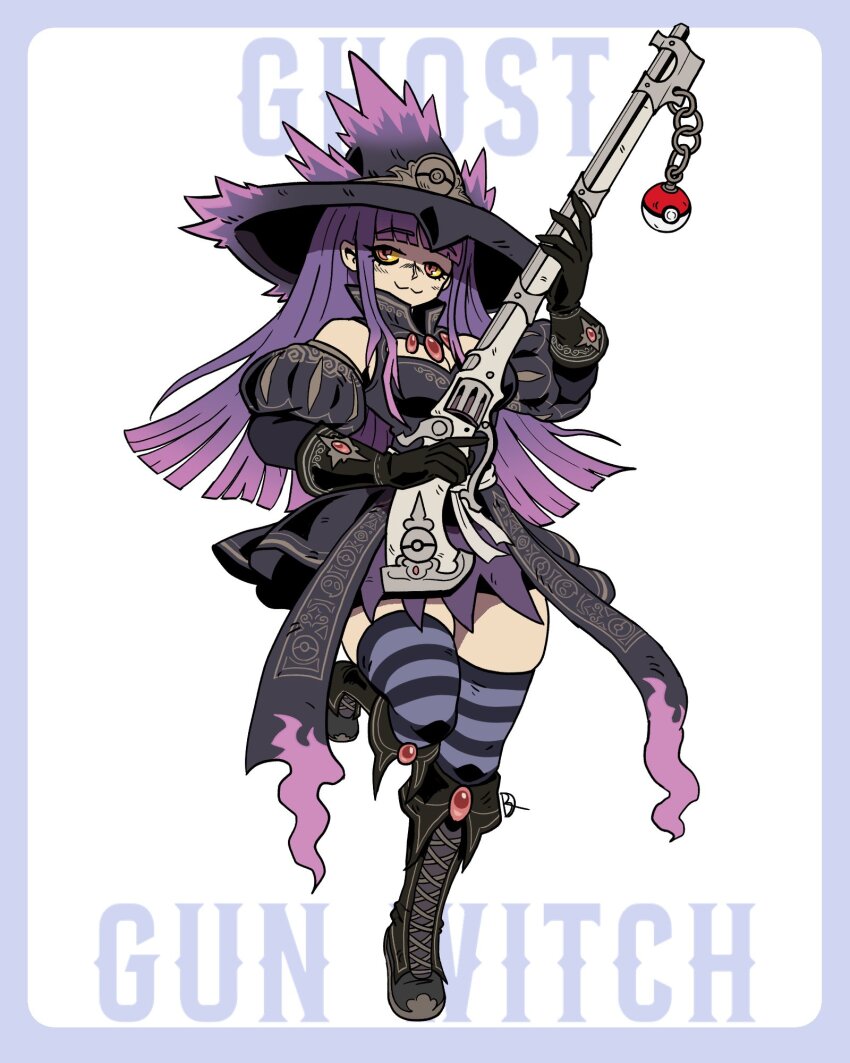 1girl :3 black_dress black_footwear black_gloves blunt_bangs blunt_ends boots border breasts chain cleavage colored_sclera commentary creatures_(company) cross-laced_footwear dress english_commentary game_freak gen_4_pokemon gloves gun hat highres holding holding_gun holding_weapon kabewski large_breasts long_hair mismagius nintendo original outside_border poke_ball poke_ball_(basic) pokemon purple_border purple_hair purple_hat red_eyes rifle sidelocks simple_background solo standing standing_on_one_leg striped_clothes striped_thighhighs thighhighs vertical-striped_clothes vertical-striped_thighhighs weapon white_background witch_hat yellow_sclera