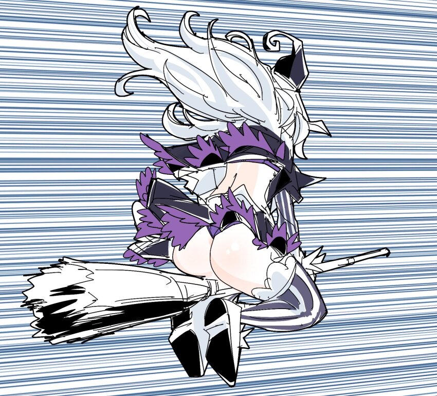 1girl ass broom broom_riding hat hololive murasaki_shion murasaki_shion_(1st_costume) nkmrn2k virtual_youtuber white_hair wind wind_lift witch