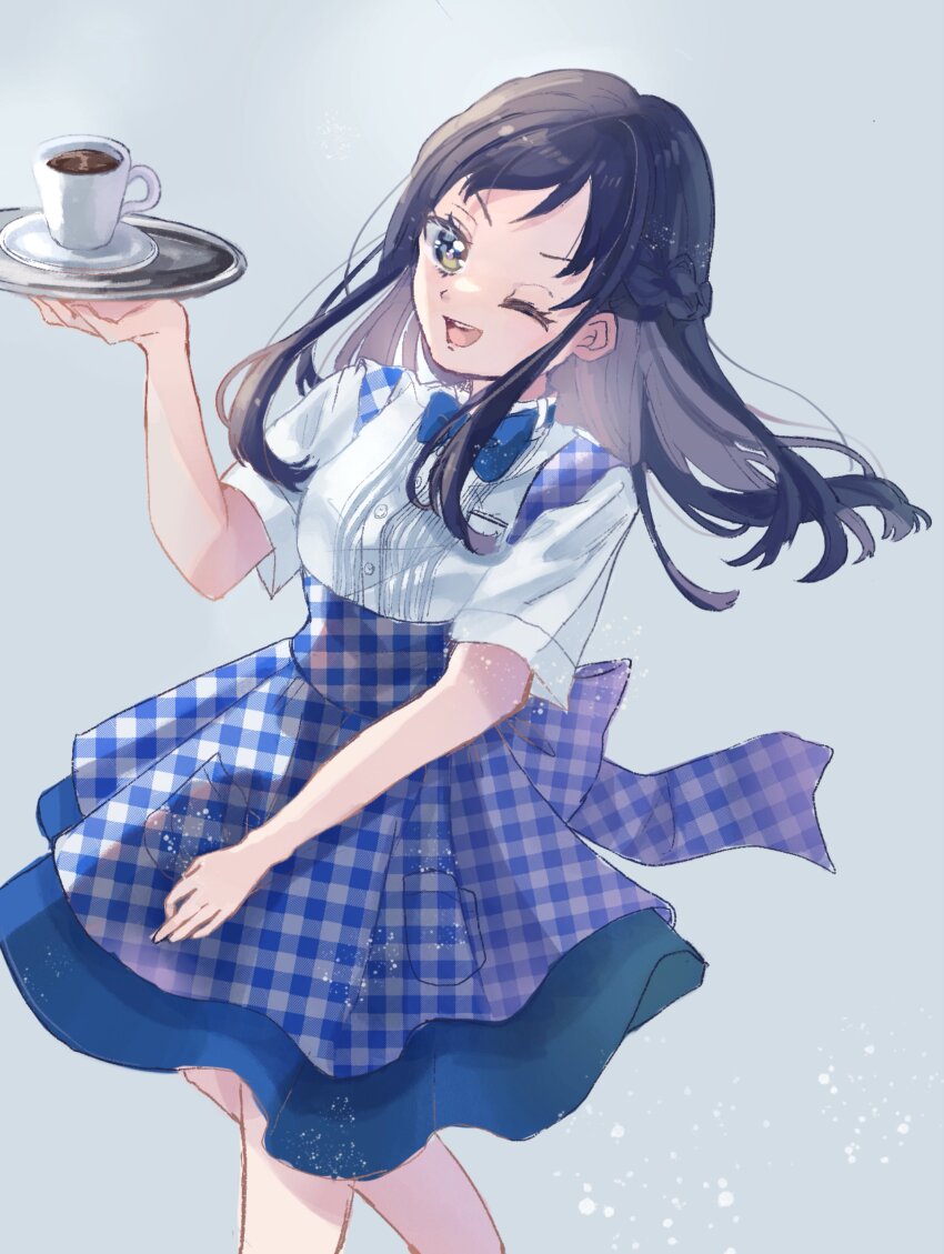 1girl absurdres apron blue_apron blue_bow blue_bowtie blue_eyes blue_hair blue_skirt blush bow bowtie breasts checkered_apron checkered_clothes coffee coffee_mug cowboy_shot cup dokidoki!_precure employee_uniform gingham gingham_apron gingham_skirt grey_background high-waist_skirt highres hishikawa_rikka kobeya_uniform long_hair looking_at_viewer miyui mug one_eye_closed open_mouth plaid_apron plaid_clothes pleated_shirt precure skirt small_breasts smile tray waitress