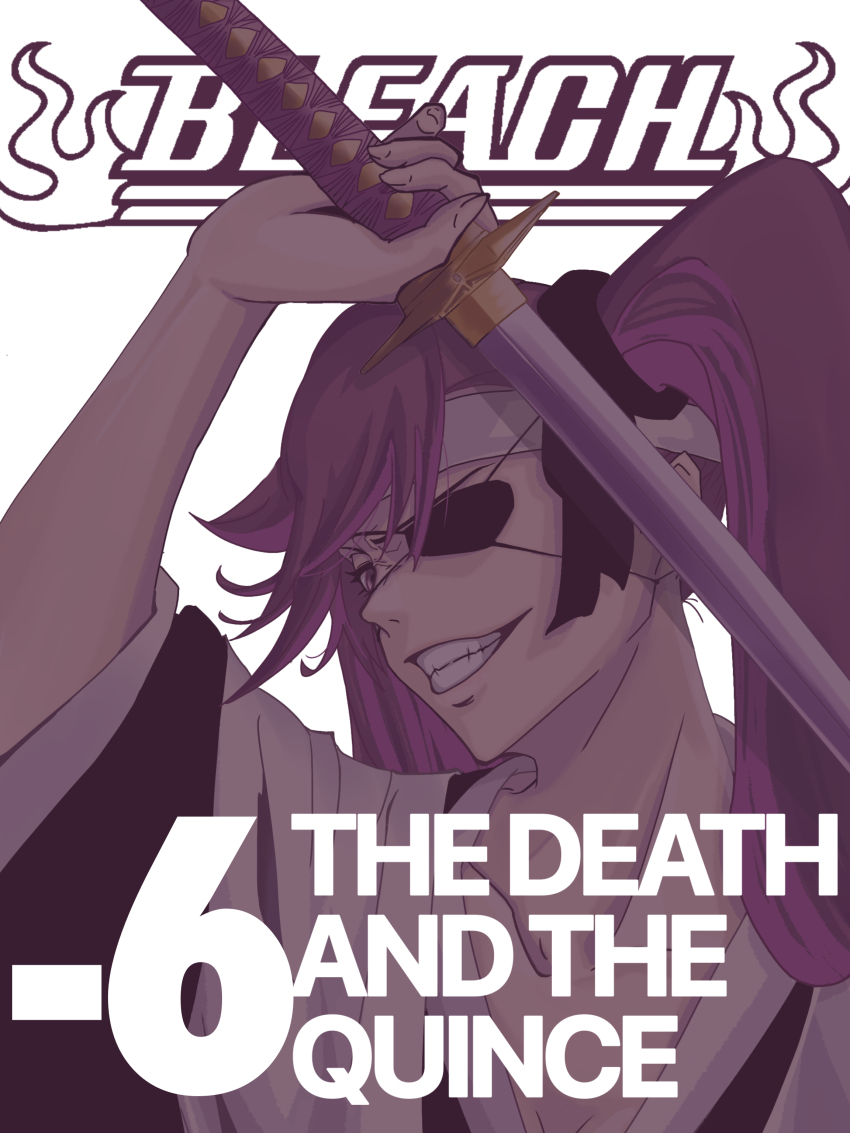 1girl absurdres black_ribbon bleach bleach:_sennen_kessen-hen breasts cleavage cover cover_page english_text eyelashes eyepatch hair_between_eyes haori headband highres holding holding_sword holding_weapon japanese_clothes katana kubo_tite_(style) long_hair long_sleeves looking_at_viewer manga_cover official_style purple_eyes purple_hair ribbon saitou_furoufushi shinigami small_breasts smile solo spokota sword teeth twintails weapon white_headband