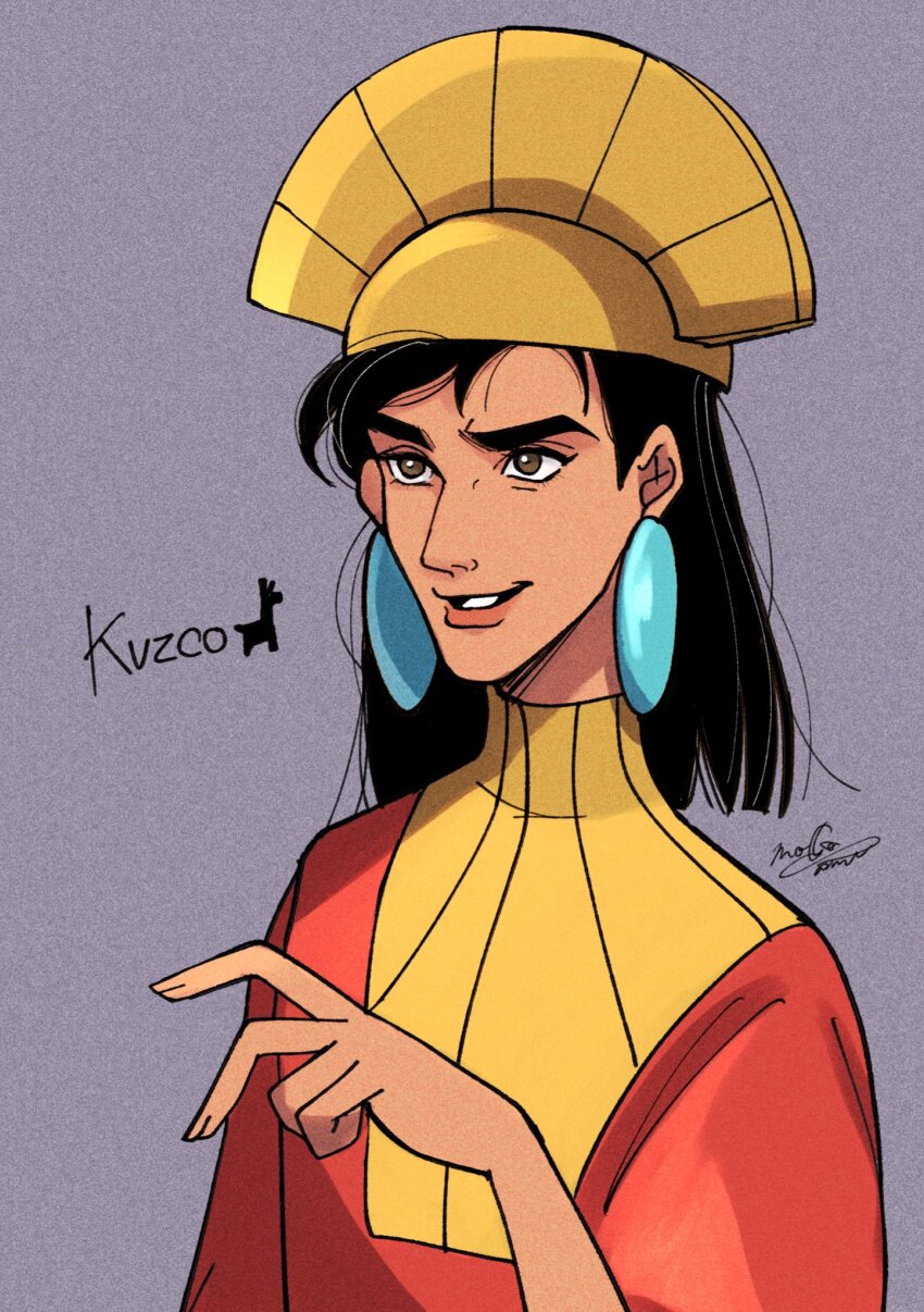 1boy black_hair brown_eyes character_name commentary dress earrings hat highres jewelry kuzco looking_ahead male_focus medium_hair moko_eaka peruvian_clothes purple_background red_dress signature simple_background smile solo the_emperor&#039;s_new_groove turtleneck upper_body