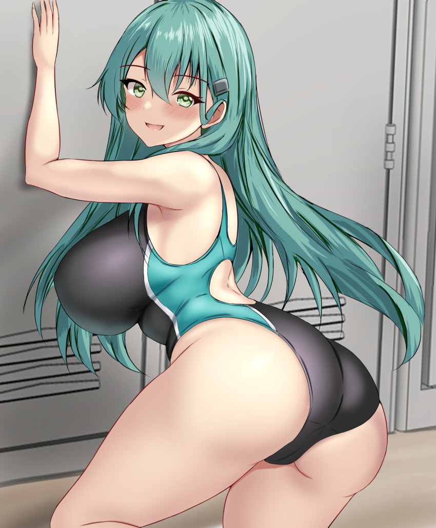 1girl against_locker aqua_eyes aqua_hair ass back black_one-piece_swimsuit blush breasts changing_room competition_swimsuit hair_ornament hairclip highres huge_breasts indoors kantai_collection large_breasts locker locker_room long_hair looking_at_viewer montemasa one-piece_swimsuit smile solo suzuya_(kancolle) swimsuit