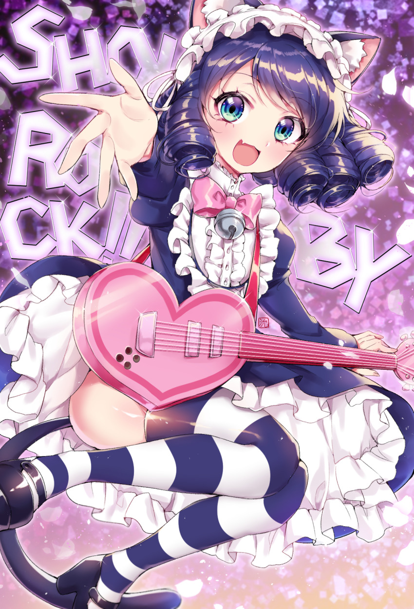 1girl :d animal_ear_fluff animal_ears bell black_footwear blue_dress blue_eyes blue_hair bow bowtie cat_ears cat_girl cat_tail center_frills copyright_name cyan_(show_by_rock!!) dress drill_hair electric_guitar fang feet_out_of_frame frilled_dress frilled_hairband frilled_shirt_collar frills guitar hairband highres instrument juliet_sleeves knees_together_feet_apart long_sleeves marin704 mary_janes neck_bell open_mouth outstretched_arm pink_bow pink_bowtie puffy_sleeves purple_background reaching reaching_towards_viewer shoes short_hair show_by_rock!! skin_fang smile solo sparkle striped_clothes striped_thighhighs tail thighhighs two-tone_thighhighs white_hairband