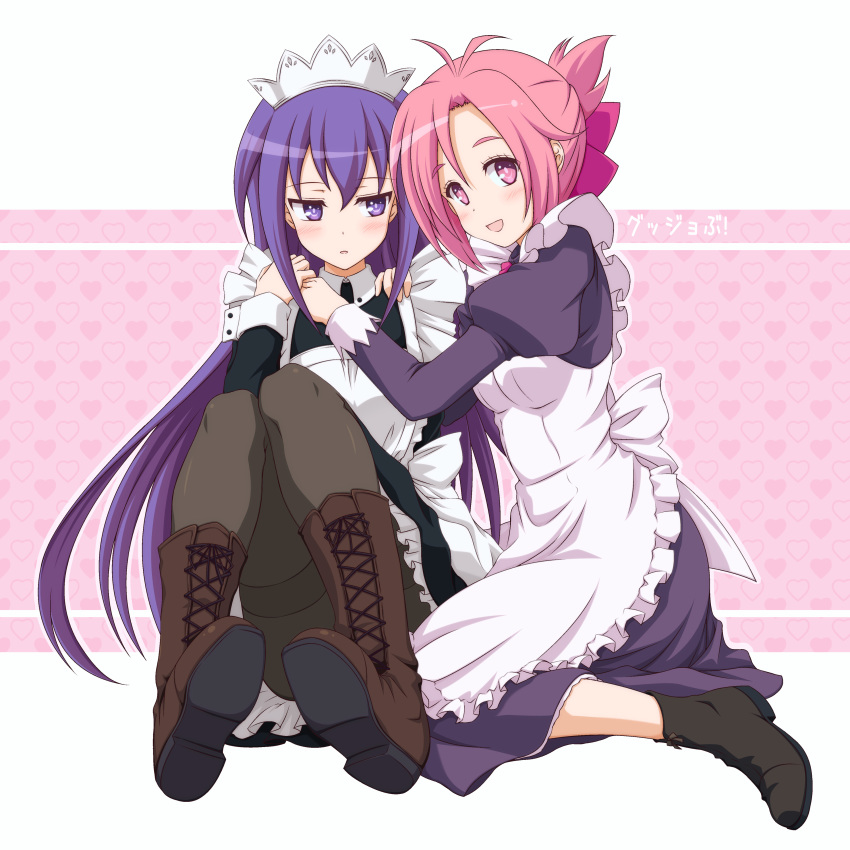 2girls absurdres alternate_costume amatsuka_megumi_(gj-bu) antenna_hair apron black_legwear blush boots brown_footwear cross-laced_footwear enmaided folded_ponytail frilled_apron frills full_body gj-bu heart heart_background highres ishida_seito juliet_sleeves knee_boots knees_up lace-up_boots long_hair long_sleeves looking_at_viewer looking_to_the_side maid multiple_girls outline pantyhose pink_eyes pink_hair puffy_sleeves purple_hair revision shoe_soles sitting sumeragi_shion thighband_pantyhose white_background white_outline yokozuwari