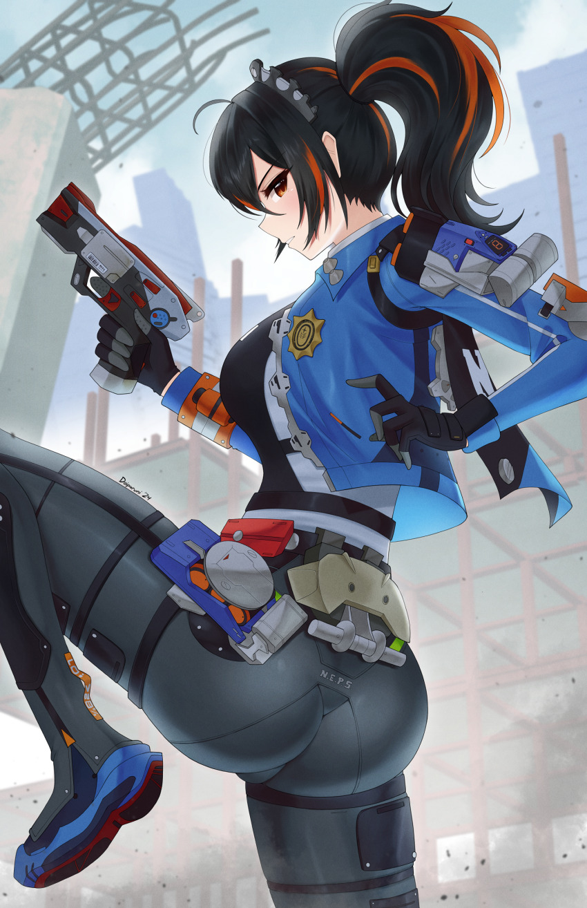 1girl ahoge ass black_gloves black_hair black_pants blue_jacket breasts commentary doiparuni gloves gun handgun highres holding holding_gun holding_weapon jacket large_breasts leggings long_hair long_sleeves looking_at_viewer multicolored_hair orange_eyes pants parted_lips ponytail profile red_hair solo standing standing_on_one_leg streaked_hair thighs twisted_torso weapon zenless_zone_zero zhu_yuan