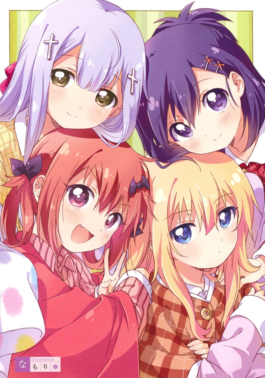 4girls absurdres bat_hair_ornament blonde_hair blue_eyes brown_eyes cross_hair_ornament fang gabriel_dropout hair_ornament hair_rings highres satanichia_kurumizawa_mcdowell light_purple_hair long_hair long_sleeves looking_at_viewer multiple_girls namori open_mouth pajamas purple_eyes purple_hair red_eyes red_hair raphiel_shiraha_ainsworth short_hair gabriel_tenma_white vignette_tsukinose_april upper_body v x_hair_ornament