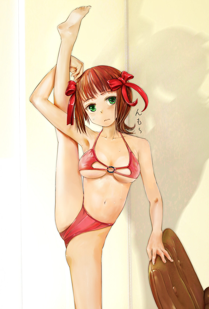 1girl amami_haruka arm_up armpits bad_anatomy bare_legs barefoot bikini bow brown_hair collarbone cowboy_shot feet female_focus green_eyes hair_bow highres idolmaster idolmaster_(classic) leg_lift looking_at_viewer navel o-ring o-ring_top red_bikini shadow short_hair solo split standing standing_on_one_leg standing_split sweat swimsuit wavy_mouth zi-dabu