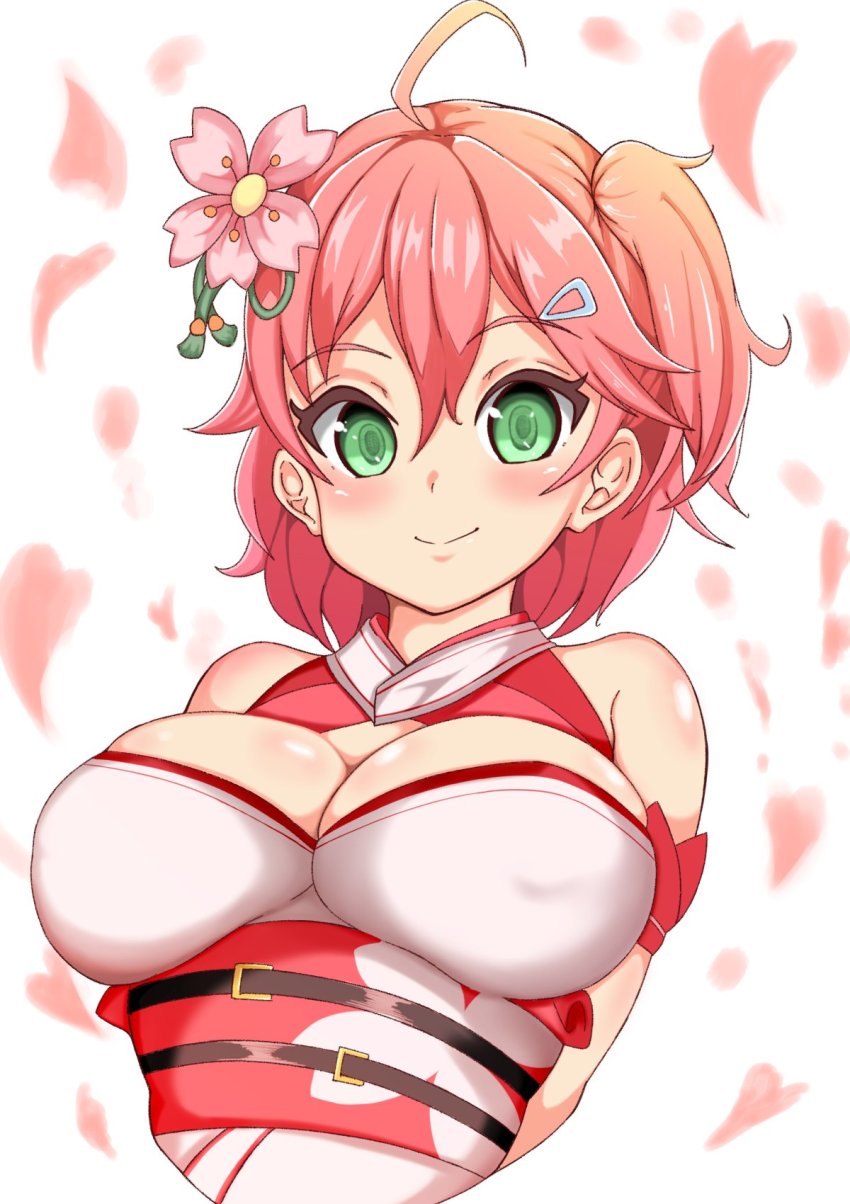 1girl 5evavajcgx4qocw ahoge armband bare_shoulders belt belt_buckle blush breasts buckle cherry_blossom_print cherry_blossoms cleavage cleavage_cutout closed_mouth clothing_cutout floral_print flower green_eyes hair_between_eyes hair_flower hair_ornament hairclip highres hololive large_breasts looking_at_viewer medium_hair nontraditional_miko one_side_up petals pink_hair sakura_miko sakura_miko_(old_design) smile solo upper_body virtual_youtuber white_background