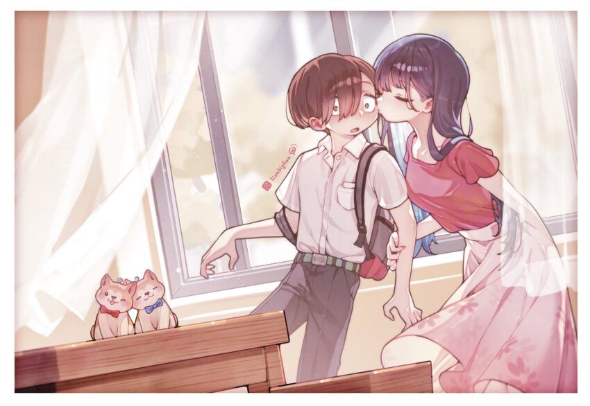 1boy artist_name backpack bag boku_no_kokoro_no_yabai_yatsu brown_hair couple curtains dog hetero highres ichikawa_kyoutarou kiss kissing_cheek lianbiglian open_mouth purple_hair window yamada_anna