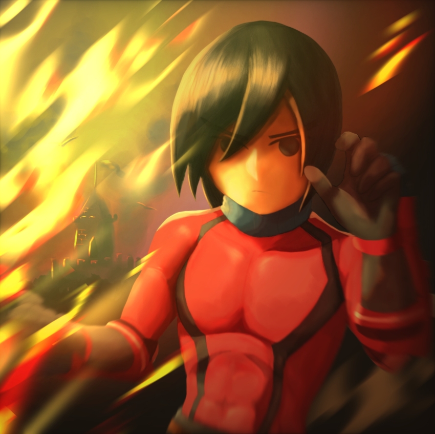 1boy abs black_eyes black_hair bodysuit closed_mouth fire gloves highres looking_at_viewer male_focus mii_(nintendo) mii_brawler mii_brawler_(smash_ultimate) muscular nintendo red_bodysuit serious short_hair solo super_smash_bros. upper_body yuufuan_&amp;_buran