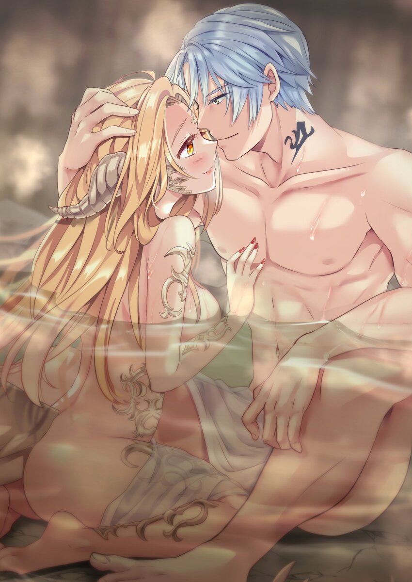 1boy 1girl absurdres ass barefoot bathing blonde_hair blue_hair blurry blurry_background blush borrowed_character breasts closed_mouth collarbone commentary_request commission completely_nude convenient_arm couple curled_horns curvy demon_girl demon_horns eyelashes feet from_side hand_on_another&#039;s_chest hand_on_another&#039;s_head hand_up happy hetero highres horns knee_up large_breasts long_hair looking_at_another mixed-sex_bathing muscular muscular_male nail_polish neck_tattoo nude onsen orange_hair original parted_lips partially_submerged pectorals red_nails sabi_(sabilder) shared_bathing short_hair sideboob sitting skeb_commission smile soles steam tareme tattoo wariza wet yellow_eyes