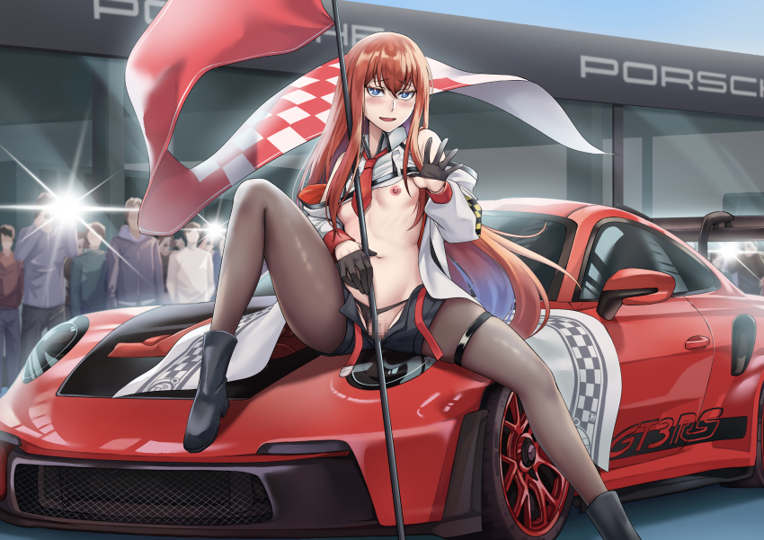 1girl absurdres audience belt black_gloves black_panties black_pantyhose black_shorts blue_eyes breasts car censored checkered_flag clothes_lift clothing_aside crowd flag gloves highres holding holding_flag jacket leg_up long_hair makise_kurisu midriff mosaic_censoring motor_vehicle navel necktie nipples on_car open_belt outdoors panties panties_aside pantyhose pantyhose_under_shorts people porsche porsche_911 porsche_992 race_queen red_car red_hair red_necktie sakuya_(liao_kj) shirt shirt_lift shorts small_breasts spoiler_(automobile) sports_car spread_legs steins;gate stomach underwear unzipped white_shirt