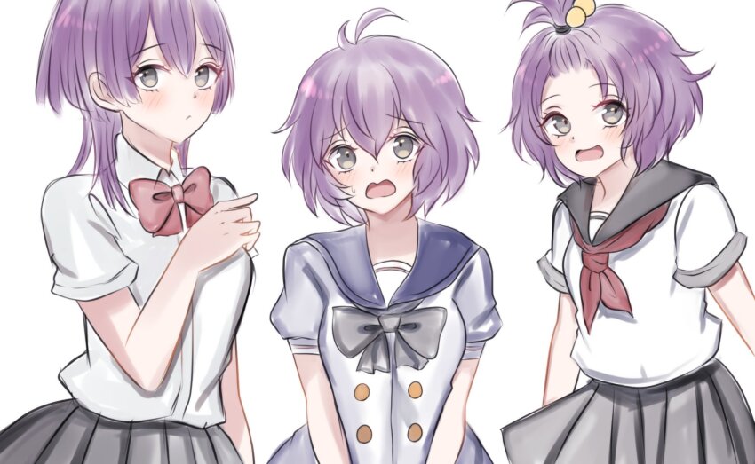 1girl age_progression ahoge bernadetta_von_varley black_bow black_skirt blue_sky bob_cut bow breasts breasts_squeezed_together closed_mouth collared_shirt confused distress fire_emblem fire_emblem:_three_houses fire_emblem_warriors:_three_hopes gold_buttons grey_eyes hair_between_eyes hair_ornament hand_on_own_chest happy highres light_blush looking_at_viewer medium_breasts messy_hair miniskirt neckerchief nintendo open_mouth pleated_skirt red_bow red_neckerchief school_uniform shirt short_hair short_hair_with_long_locks simple_background skirt sky tareme time_paradox upper_body white_background white_shirt yukichi_(yukichi_rururu)