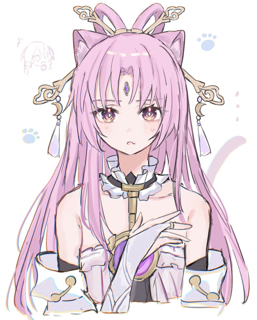 ... 1girl absurdres animal_ears cat_ears cat_tail forehead_jewel fu_xuan_(honkai:_star_rail) hair_ornament hair_stick highres honkai:_star_rail honkai_(series) karua0621 parted_bangs paw_print pink_hair simple_background solo tail tassel tassel_hair_ornament two-tone_eyes upper_body white_background