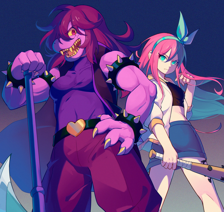 2girls absurdres aqua_hair aqua_hairband aubrey_(faraway)_(omori) aubrey_(omori) axe baseball_bat belt black_shirt black_vest blue_eyes blue_skirt bracelet breasts brick_st claws closed_mouth colored_inner_hair colored_sclera covered_navel crop_top crossover deltarune denim denim_skirt freckles hair_over_one_eye hairband highres holding holding_baseball_bat jacket jewelry long_hair long_sleeves looking_at_viewer medium_breasts multicolored_hair multiple_girls muscular muscular_female nail nail_(hardware) nail_bat navel omori open_mouth pants pink_hair purple_hair purple_pants purple_shirt red_eyes sharp_teeth shirt skirt sleeveless small_breasts spiked_bracelet spikes standing susie_(deltarune) teeth trait_connection vest white_jacket yellow_sclera yellow_teeth