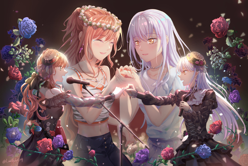 2girls bang_dream! black_bow black_dress blue_flower blue_pants blue_rose blue_skirt bow brown_hair closed_eyes commentary_request corset dress earrings electric_bass_guitar flower flower_wreath green_eyes grey_hair hair_bow highres holding holding_hands holding_microphone imai_lisa jewelry long_hair long_sleeves microphone midriff minato_yukina multiple_girls open_mouth pants pinky_swear red_corset red_flower red_rose revision rose shih_lion shirt short_sleeves skirt twitter_username white_shirt yellow_eyes