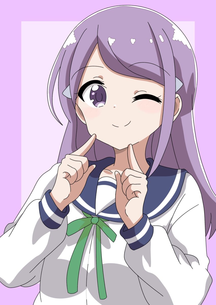 1girl blue_sailor_collar chikadaioshi closed_mouth collarbone dot_nose feet_out_of_frame female_focus finger_to_cheek hair_ornament hairclip happy koisuru_asteroid long_hair long_sleeves looking_at_viewer one_eye_closed purple_background purple_eyes purple_hair sailor_collar school_uniform serafuku simple_background smile solo standing suzuya_moe upper_body