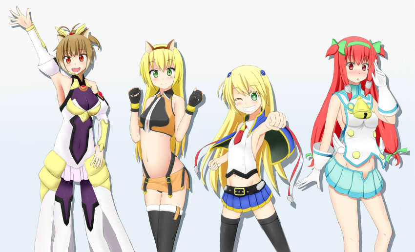 4girls alternate_hairstyle animal_ears armor bell black_legwear blazblue blazblue:_chronophantasma blonde_hair blush boots breasts brown_hair capelet cosplay costume_switch cowbell crop_top fake_animal_ears faulds flat_chest green_eyes grin hair_tubes hairband hairpods heart heart-shaped_pupils highleg highleg_panties highres izayoi_(blazblue) long_hair low-tied_long_hair magical_girl makoto_nanaya multiple_girls noel_vermillion one_eye_closed panties pantyhose platinum_the_trinity red_eyes red_hair sideboob skirt smile squirrel_ears symbol-shaped_pupils thigh_boots thighhighs tsubaki_yayoi underwear waving wink