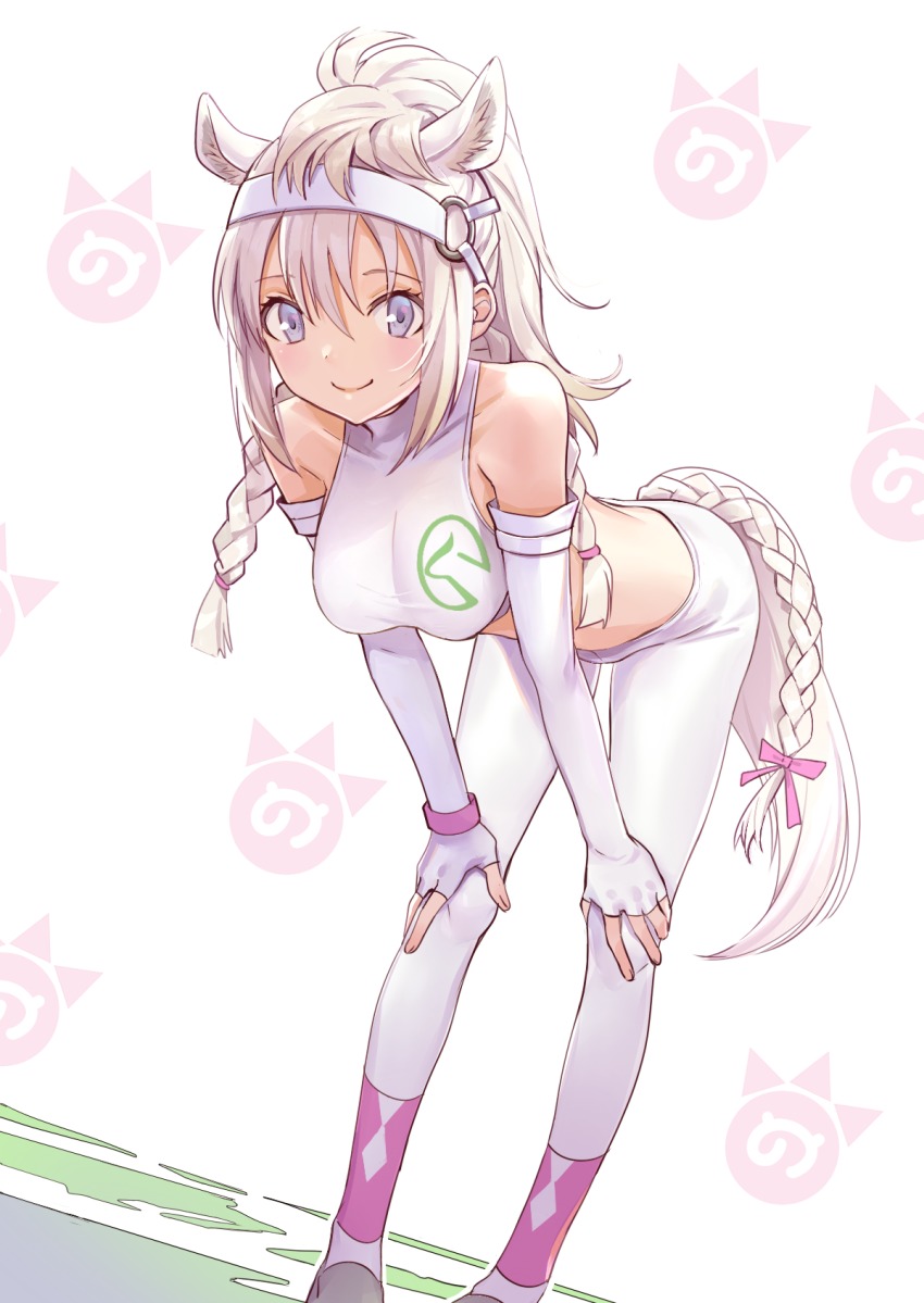 10s 1girl animal_ears bare_shoulders bent_over braid commentary_request crop_top elbow_gloves extra_ears female_focus fingerless_gloves full_body gloves grey_eyes hair_between_eyes hands_on_own_knees highres horse_ears horse_girl horse_tail japari_symbol kemono_friends long_hair looking_at_viewer pants pink_ribbon ponytail ribbon shirt sleeveless sleeveless_shirt smile solo sports_bra tail tail_braid tail_ornament tail_ribbon twin_braids urata_asao white_gloves white_hair white_pants white_shirt white_sports_bra white_thoroughbred_(kemono_friends) wristband