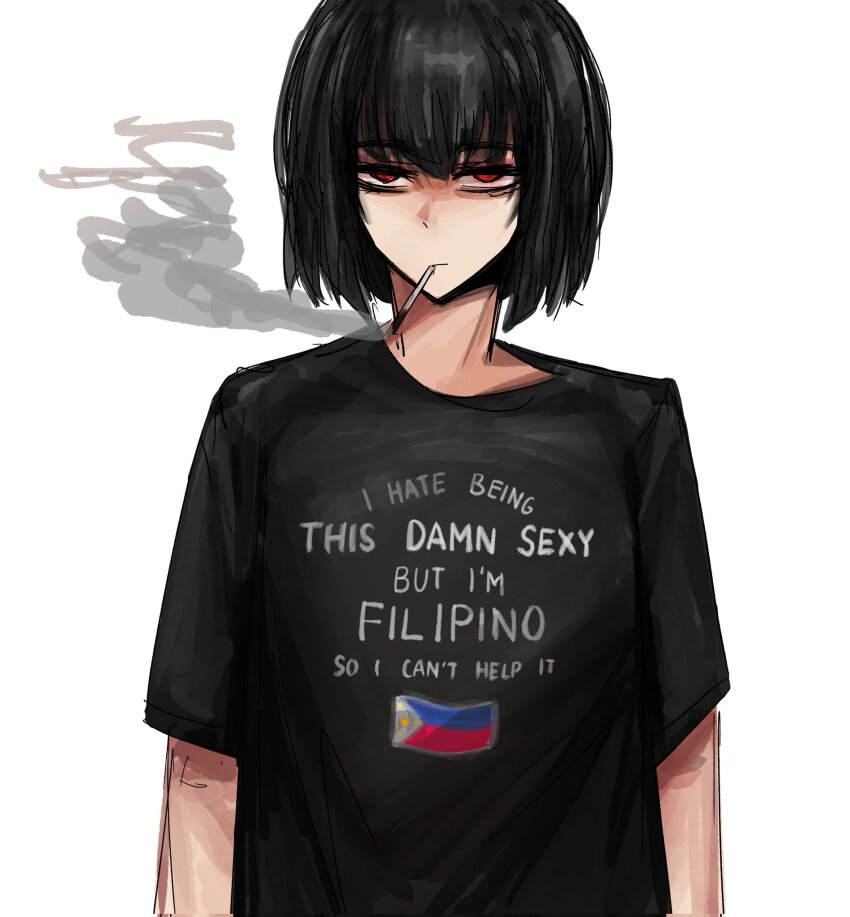 1girl annoyed arcz35204519 bags_under_eyes black_hair black_shirt cigarette english_text highres limbus_company looking_at_viewer philippine_flag project_moon red_background red_eyes ryoshu_(project_moon) shirt short_hair simple_background smoking solo upper_body