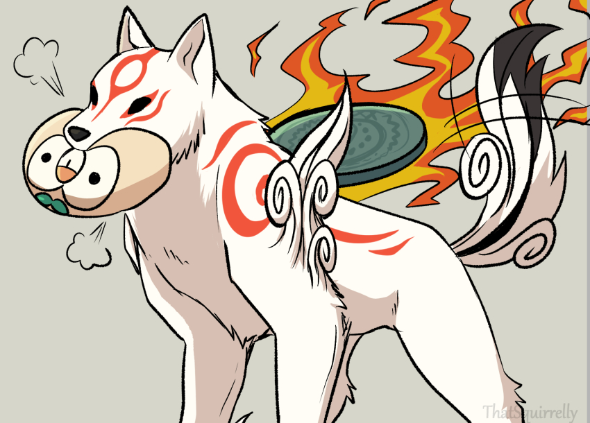 amaterasu_(ookami) bird black_eyes commentary creatures_(company) fire game_freak gen_7_pokemon grey_background isso_(thatsquirrelly) nintendo ookami_(game) owl pokemon pokemon_(creature) rowlet simple_background solid_eyes symbol-only_commentary tail tail_wagging white_fur wolf