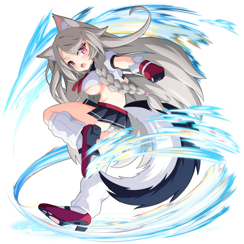 1girl animal_ears azur_lane belt blush breasts crop_top fang fingerless_gloves fukamiki_kei gloves grey_hair high_heels highres large_breasts leg_up long_hair loose_socks microskirt motion_lines open_mouth panties paw_print pink_eyes skirt slit_pupils socks solo tail thick_eyebrows transparent_background underboob underwear very_long_hair white_panties wolf_ears wolf_girl wolf_tail wrist_cuffs yuudachi_(azur_lane)