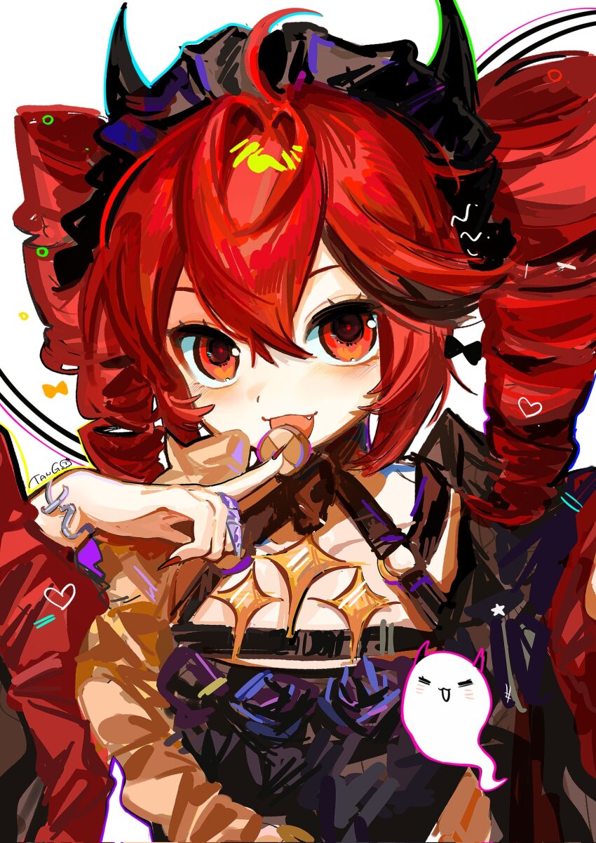 :3 ahoge artist_name black_horns blush commentary_request cookie demon_horns drill_hair fake_horns fang fingernails food frilled_sleeves frills hair_between_eyes halloween_costume heart highres holding holding_cookie holding_food horns kasane_teto open_mouth red_eyes red_hair red_nails sharp_fingernails sidelocks tanglaoban1225 twin_drills upper_body utau white_background wide_sleeves