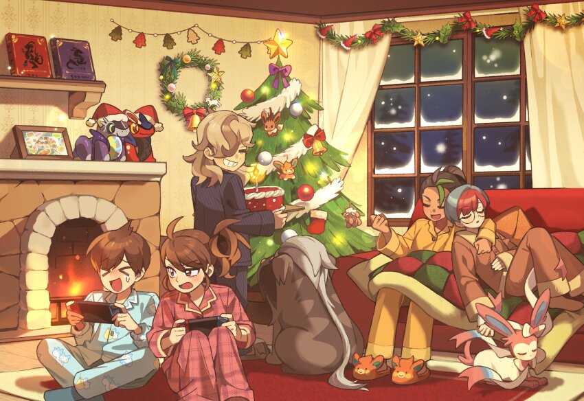 &gt;_&lt; 1brad 2boys 3girls :d arven_(pokemon) blanket book brown_pajamas cake character_doll christmas christmas_ornaments christmas_tree christmas_wreath couch creatures_(company) florian_(pokemon) food full_body game_freak gen_4_pokemon glasses grin hair_over_one_eye hat highres indoors juliana_(pokemon) koraidon long_hair mabosstiff miraidon multicolored_hair multiple_boys multiple_girls nemona_(pokemon) night nintendo nintendo_switch on_couch open_mouth pachirisu pajamas pawmi penny_(pokemon) playing_games pokemon pokemon_(creature) pokemon_sv quilt santa_hat short_hair sitting sleeping slippers smile sweatdrop two-tone_hair wreath yellow_pajamas