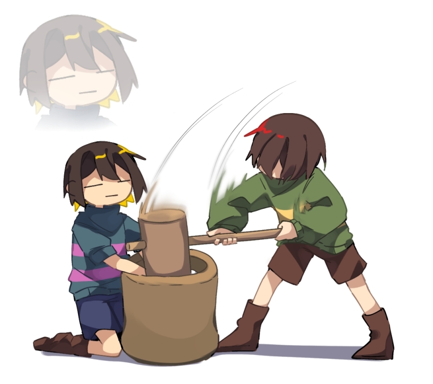 2others blue_sweater brown_boots chara_(undertale) closed_mouth collared_sweater frisk_(undertale) green_sweater hammer holding holding_hammer kneeling long_sleeves multiple_others nisess_42 other_focus punishment sweater swinging_weapon undertale white_background